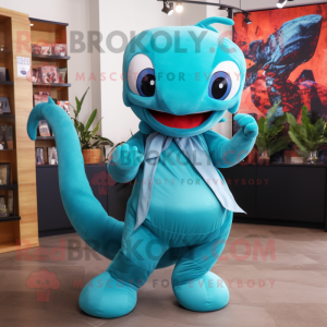 Turquoise Hydra mascot costume character dressed with a Yoga Pants and Bow ties