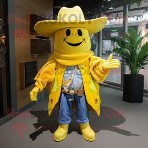 Lemon Yellow Cowboy mascot costume character dressed with a Coat and Bracelets