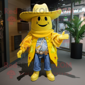 Lemon Yellow Cowboy mascot costume character dressed with a Coat and Bracelets