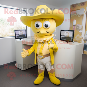 Lemon Yellow Cowboy mascot costume character dressed with a Coat and Bracelets