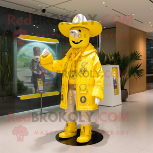 Lemon Yellow Cowboy mascot costume character dressed with a Coat and Bracelets