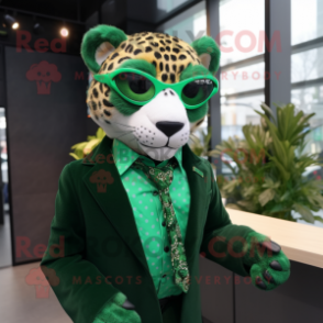 Forest Green Cheetah mascot costume character dressed with a Suit Jacket and Eyeglasses