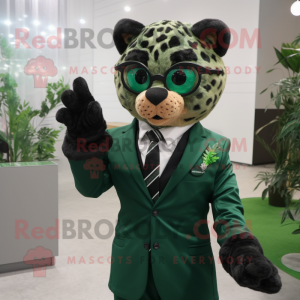 Forest Green Cheetah mascot costume character dressed with a Suit Jacket and Eyeglasses