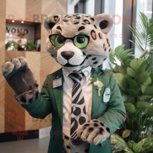 Forest Green Cheetah mascot costume character dressed with a Suit Jacket and Eyeglasses