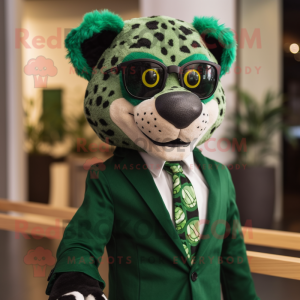 Forest Green Cheetah mascot costume character dressed with a Suit Jacket and Eyeglasses