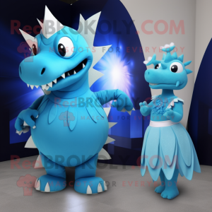 Sky Blue Stegosaurus mascot costume character dressed with a Evening Gown and Watches