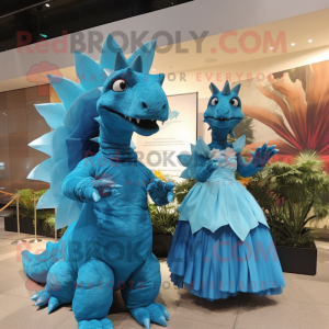 Sky Blue Stegosaurus mascot costume character dressed with a Evening Gown and Watches