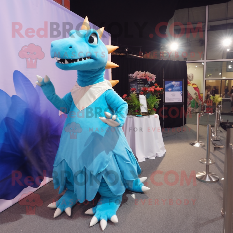 Sky Blue Stegosaurus mascot costume character dressed with a Evening Gown and Watches