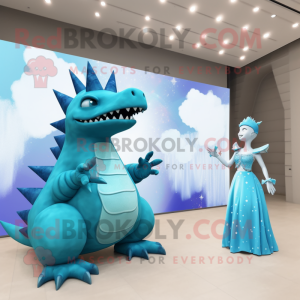 Sky Blue Stegosaurus mascot costume character dressed with a Evening Gown and Watches