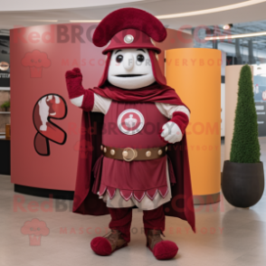 Maroon Roman Soldier mascot costume character dressed with a Circle Skirt and Mittens