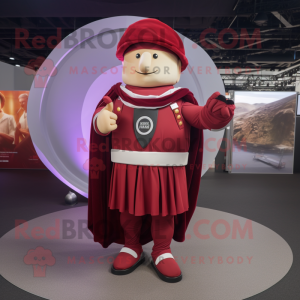 Maroon Roman Soldier mascot costume character dressed with a Circle Skirt and Mittens