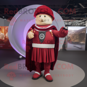 Maroon Roman Soldier mascot costume character dressed with a Circle Skirt and Mittens