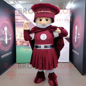 Maroon Roman Soldier mascot costume character dressed with a Circle Skirt and Mittens