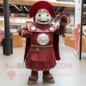 Maroon Roman Soldier mascot costume character dressed with a Circle Skirt and Mittens