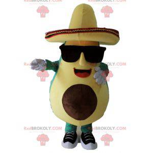 Mascota gigante de aguacate verde y amarillo con sombrero -