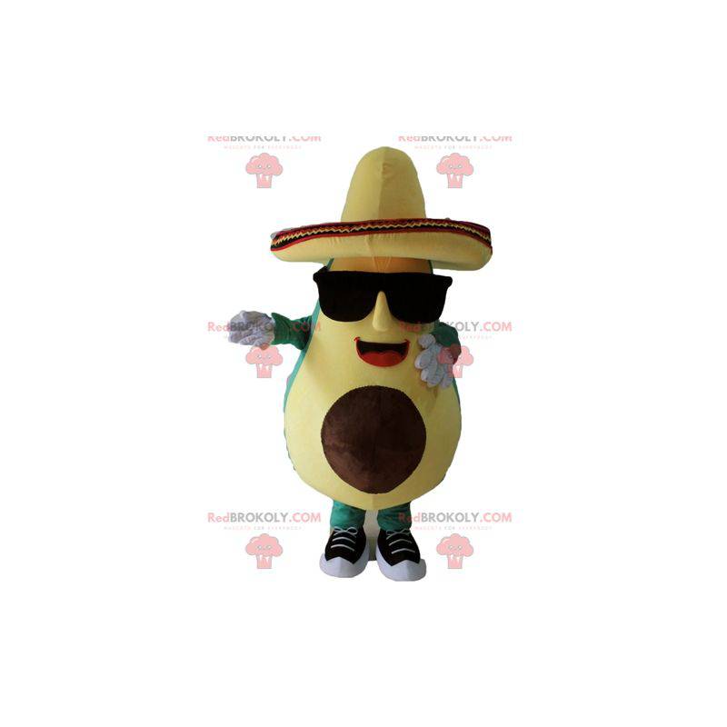 Mascotte gigante dell'avocado verde e giallo con un sombrero -