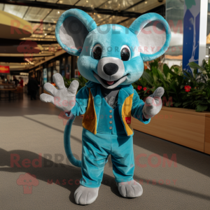 Turquoise Mouse mascot costume character dressed with a Flare Jeans and Mittens