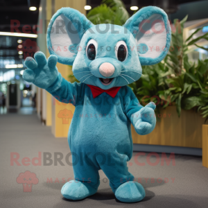 Turquoise Mouse mascot costume character dressed with a Flare Jeans and Mittens