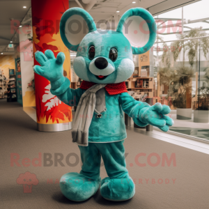 Turquoise Mouse mascot costume character dressed with a Flare Jeans and Mittens