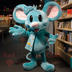 Turquoise Mouse mascot costume character dressed with a Flare Jeans and Mittens