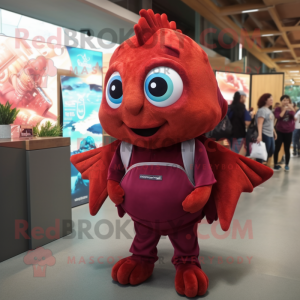 Maroon Goldfish mascot costume character dressed with a Mom Jeans and Messenger bags