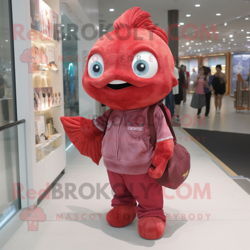 Maroon Goldfish mascot costume character dressed with a Mom Jeans and Messenger bags