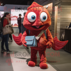 Maroon Goldfish mascot costume character dressed with a Mom Jeans and Messenger bags