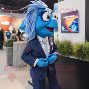 Navy Betta Fish mascot costume character dressed with a Suit Jacket and Lapel pins