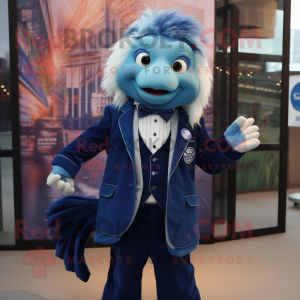 Navy Betta Fish mascot costume character dressed with a Suit Jacket and Lapel pins