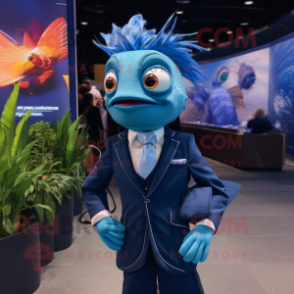 Navy Betta Fish mascot costume character dressed with a Suit Jacket and Lapel pins