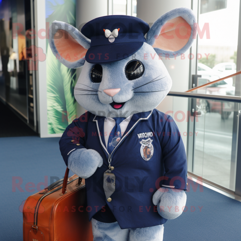 Navy Chinchilla mascot costume character dressed with a Blazer and Handbags Navy Chinchilla mascot costume character dressed with a Blazer and Handbags
