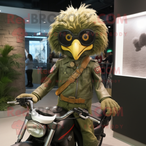 Olive Harpy mascot costume character dressed with a Moto Jacket and Eyeglasses