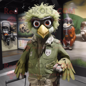 Olive Harpy mascot costume character dressed with a Moto Jacket and Eyeglasses