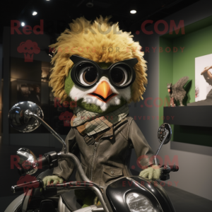 Olive Harpy mascot costume character dressed with a Moto Jacket and Eyeglasses