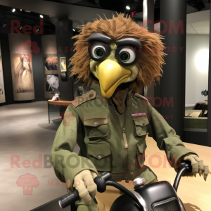 Olive Harpy mascot costume character dressed with a Moto Jacket and Eyeglasses