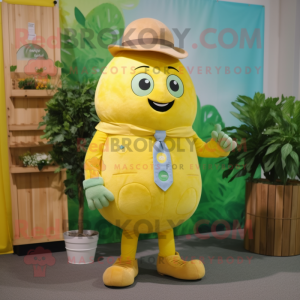 Lemon Yellow Beet mascot costume character dressed with a Button-Up Shirt and Belts