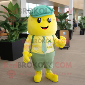 Lemon Yellow Beet mascot costume character dressed with a Button-Up Shirt and Belts