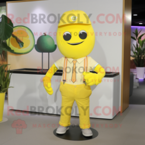 Lemon Yellow Beet mascot costume character dressed with a Button-Up Shirt and Belts