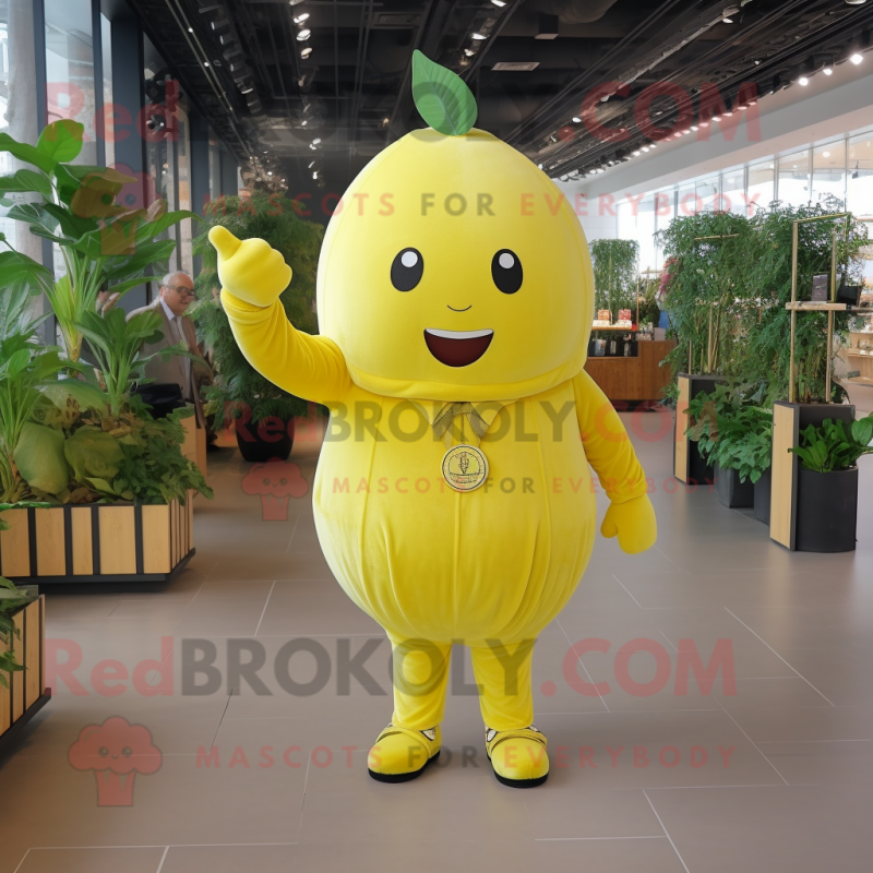 Lemon Yellow Beet mascot costume character dressed with a Button-Up Shirt and Belts