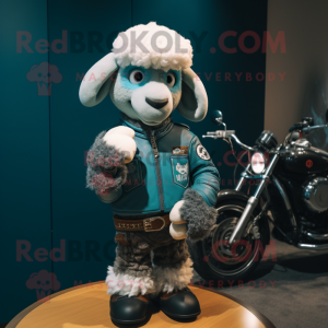 Teal Merino Sheep mascot costume character dressed with a Biker Jacket and Coin purses