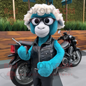 Teal Merino Sheep mascot costume character dressed with a Biker Jacket and Coin purses