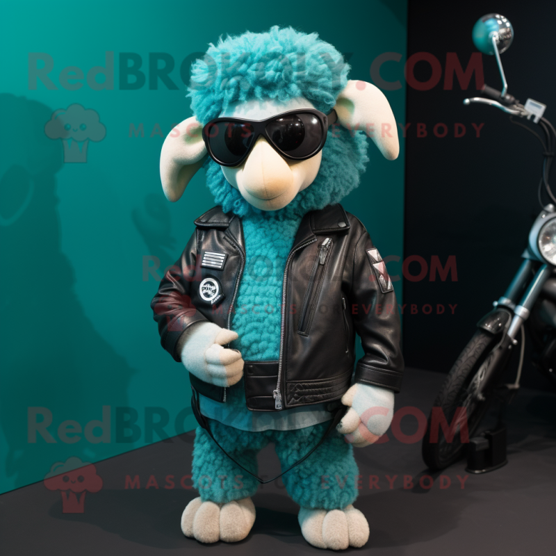 Teal Merino Sheep mascot costume character dressed with a Biker Jacket and Coin purses