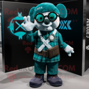 Teal Celtic Cross mascot costume character dressed with a Cargo Shorts and Eyeglasses