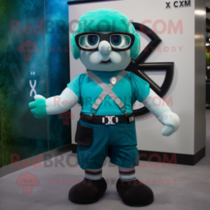 Teal Celtic Cross mascot costume character dressed with a Cargo Shorts and Eyeglasses