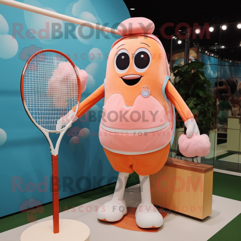 Peach Tennis Racket mascot costume character dressed with a Cover-up and Coin purses Peach Tennis Racket mascot costume character dressed with a Cover-up and Coin purses