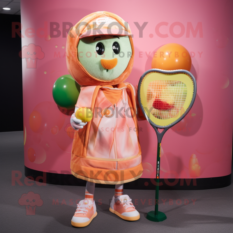 Peach Tennis Racket mascot costume character dressed with a Cover-up and Coin purses