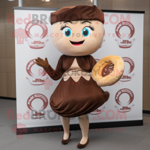 Brown Bagels mascot costume character dressed with a Mini Skirt and Cummerbunds