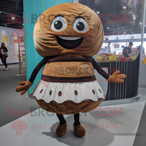 Brown Bagels mascot costume character dressed with a Mini Skirt and Cummerbunds