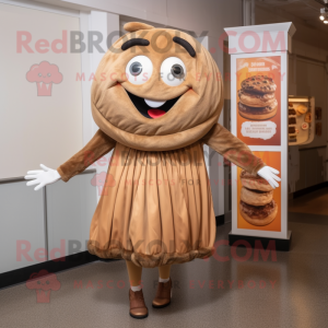 Brown Bagels mascot costume character dressed with a Mini Skirt and Cummerbunds