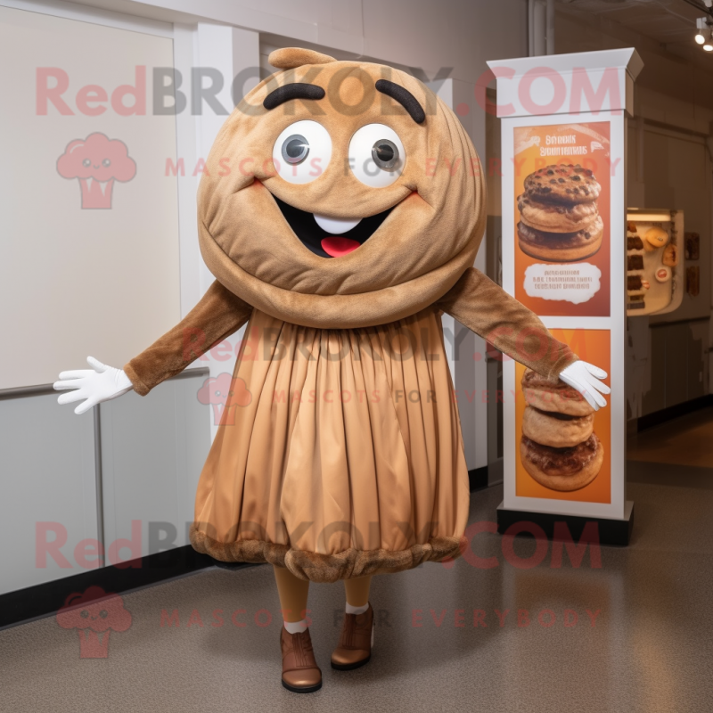 Brown Bagels mascot costume character dressed with a Mini Skirt and Cummerbunds Brown Bagels mascot costume character dressed with a Mini Skirt and Cummerbunds